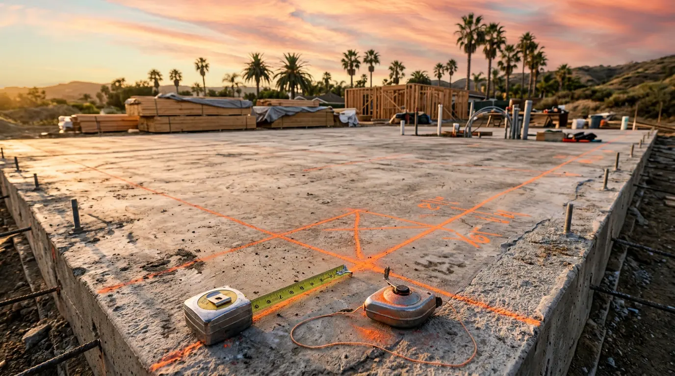 Fresh concrete slab with orange chalk layout lines at a Southern California job site